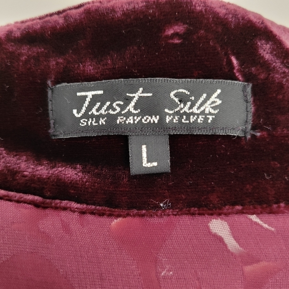 Burgundy Velvet Burnout Blouse Floral Design Asian Inspired Mandarin Collar - Picture 9 of 10